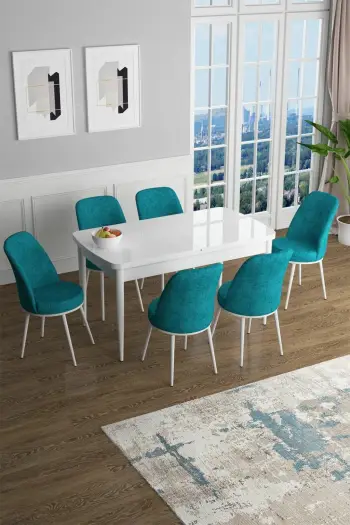 Tavolinë me karrige, e zgjatshme, 7 copë, Skye Decor, Han, e bardhë, tyrkiz
