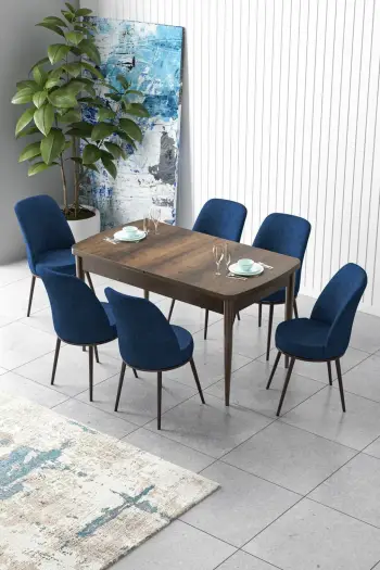Set tavoline me karrige, zgjatshme, 7 pjesë, Skye Decor, Barok, blu e errët