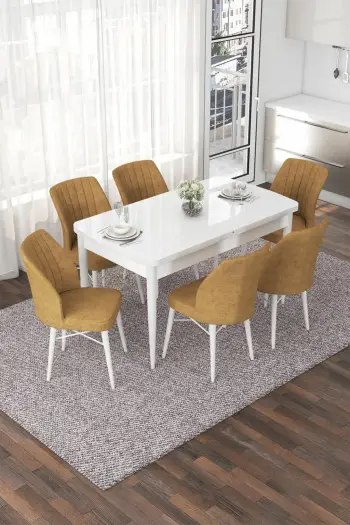 Set tavoline me karrige për ngrënie, zgjatës, Skye Decor, e bardhë, kapuçino, 7 copë