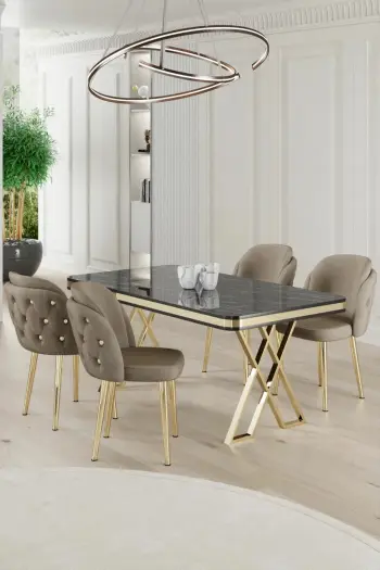 Tavolinë me karrige, 5 copë, Skye Decor Rigel, mermer i zi, ari, kapuçino