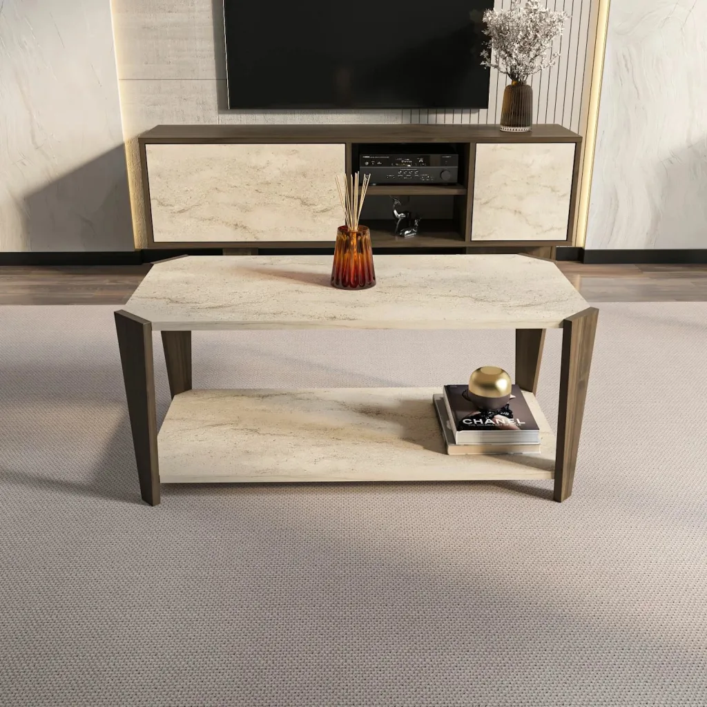 Tavolinë kafeje Skye Decor, Monao, ngjyrë arre dhe travertin - 1