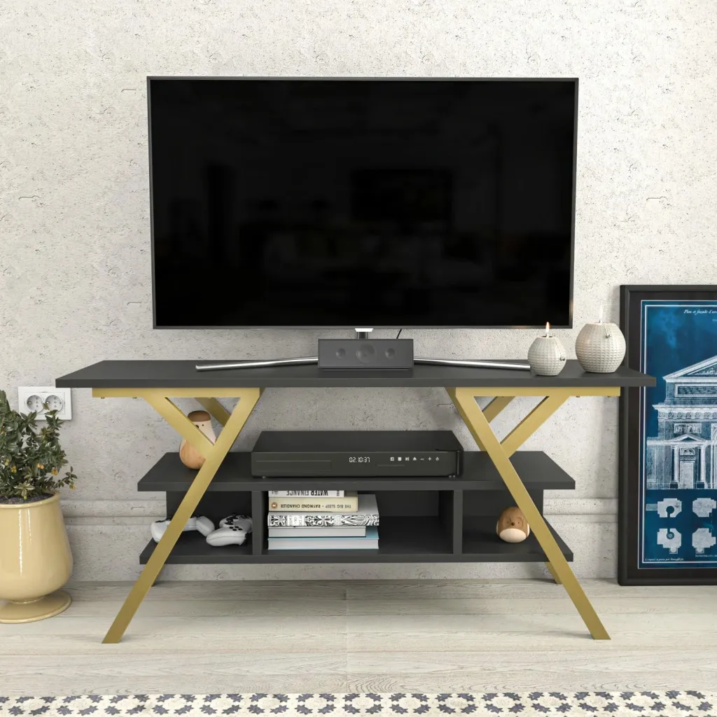 Komodinë TV Skye Decor, ngjyrë ari dhe antracit, Minerva - 1