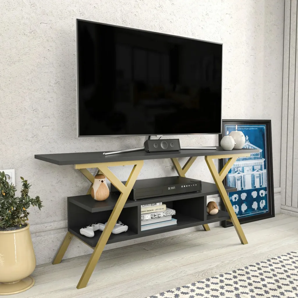 Komodinë TV Skye Decor, ngjyrë ari dhe antracit, Minerva - 2
