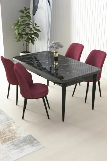 Tavolinë me karrige (5 copë), Skye Decor, sipërfaqe mermeri të zi, karrige burgundy