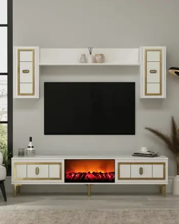Njësi TV Skye Decor, me oxhak Orion, e bardhë dhe ari