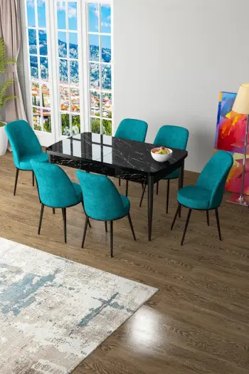 Tavolinë me karrige, zgjatshme, 7 pjesë, Skye Decor, ngjyrë mermeri të zi, turquoise