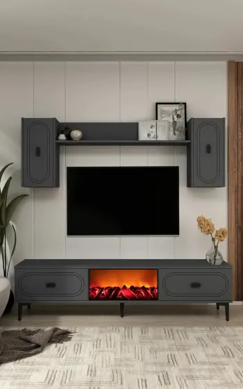 Komodë TV Skye Decor, ngjyrë antracit, me rafte dhe efekt oxhaku