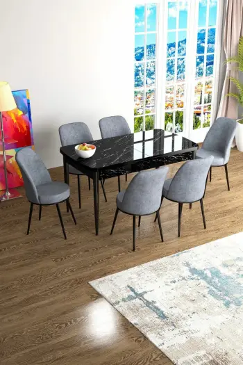 Set tavolinë me karrige, e zgjatshme, 7 copë, Skye Decor, mermer i zi, gri