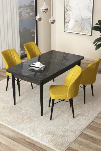 Tavolinë me karrige (5 copë), Skye Decor, ngjyrë mermeri të zi, mustard