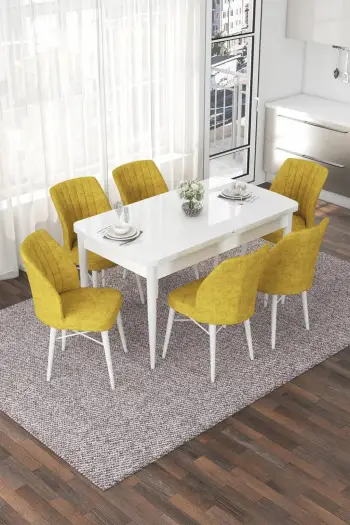 Tavolinë me karrige, zgjatshme, 7 copë, Skye Decor, e bardhë, mustard