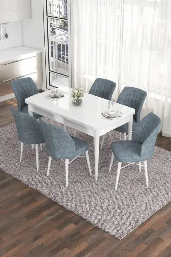Tavolinë me karrige, zgjatshme, 7 copë, Skye Decor, Eva, e bardhë, gri