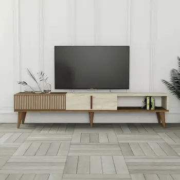 Komodë televizori Skye Decor, ngjyrë arre dhe travertin, Milan
