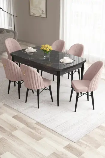 Set tavoline me karrige për ngrënie, e zgjatshme, Skye Decor, 7 copë, mermer i zi, rozë