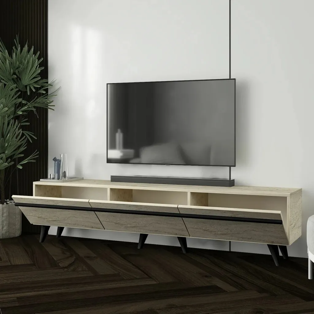Komodë TV Skye Decor, stil Amsterdam, travertin, e zezë - 3