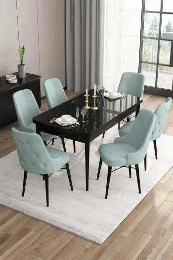 Tavolinë me karrige, set 7 pjesësh, e zgjatshme, sipërfaqe mermeri të zi, karrige ngjyrë jeshile deti, Skye Decor
