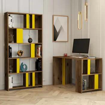 Tavolinë studimi me raft librash, ngjyrë arre dhe e verdhë, Skye Decor, Lima
