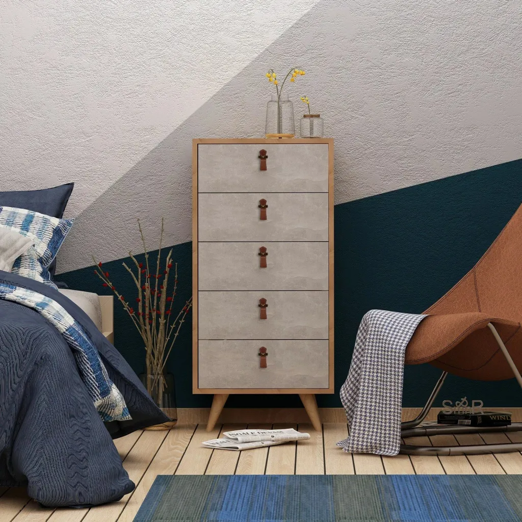 Komodë Skye Decor, ngjyrë lis dhe e bardhë, 5 sirtarë - 1