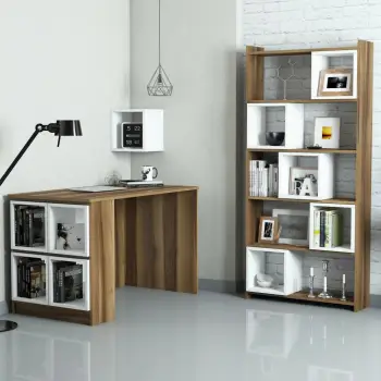 Set tavoline pune me raft librash, ngjyrë arrë dhe e bardhë, Skye Decor