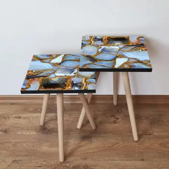 Set tavolinash ndihmëse, dizajn shumëngjyrësh, këmbë druri ahu, Skye Decor, 2 copë, 2Shp100