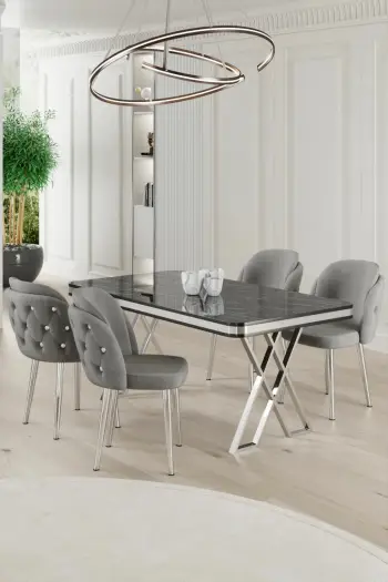 Tavolinë me karrige, 5 copë, Skye Decor Rigel, mermer i zi, krom, gri