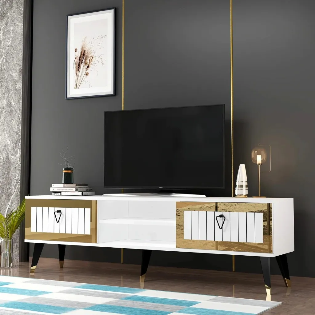 Komodë për TV Skye Decor, Lidya, e bardhë dhe ari - 2
