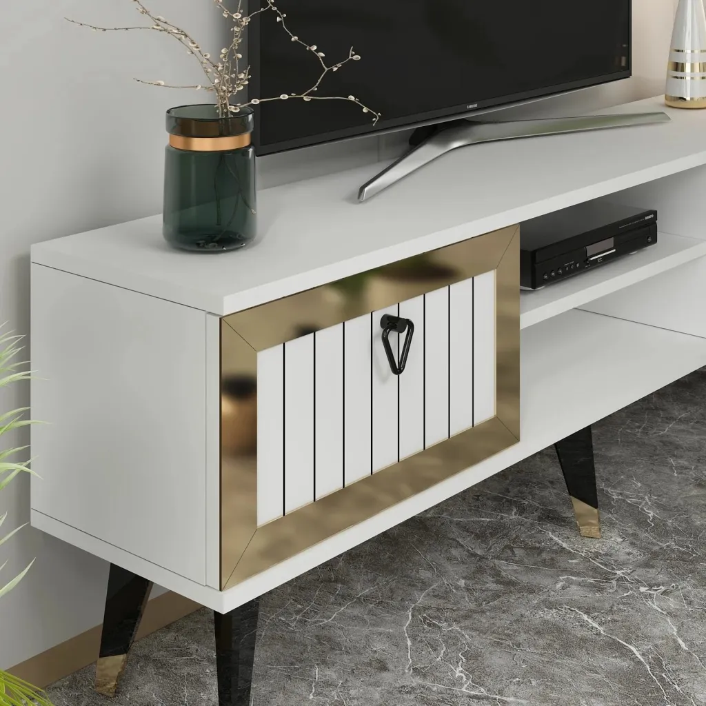Komodë për TV Skye Decor, Lidya, e bardhë dhe ari - 4