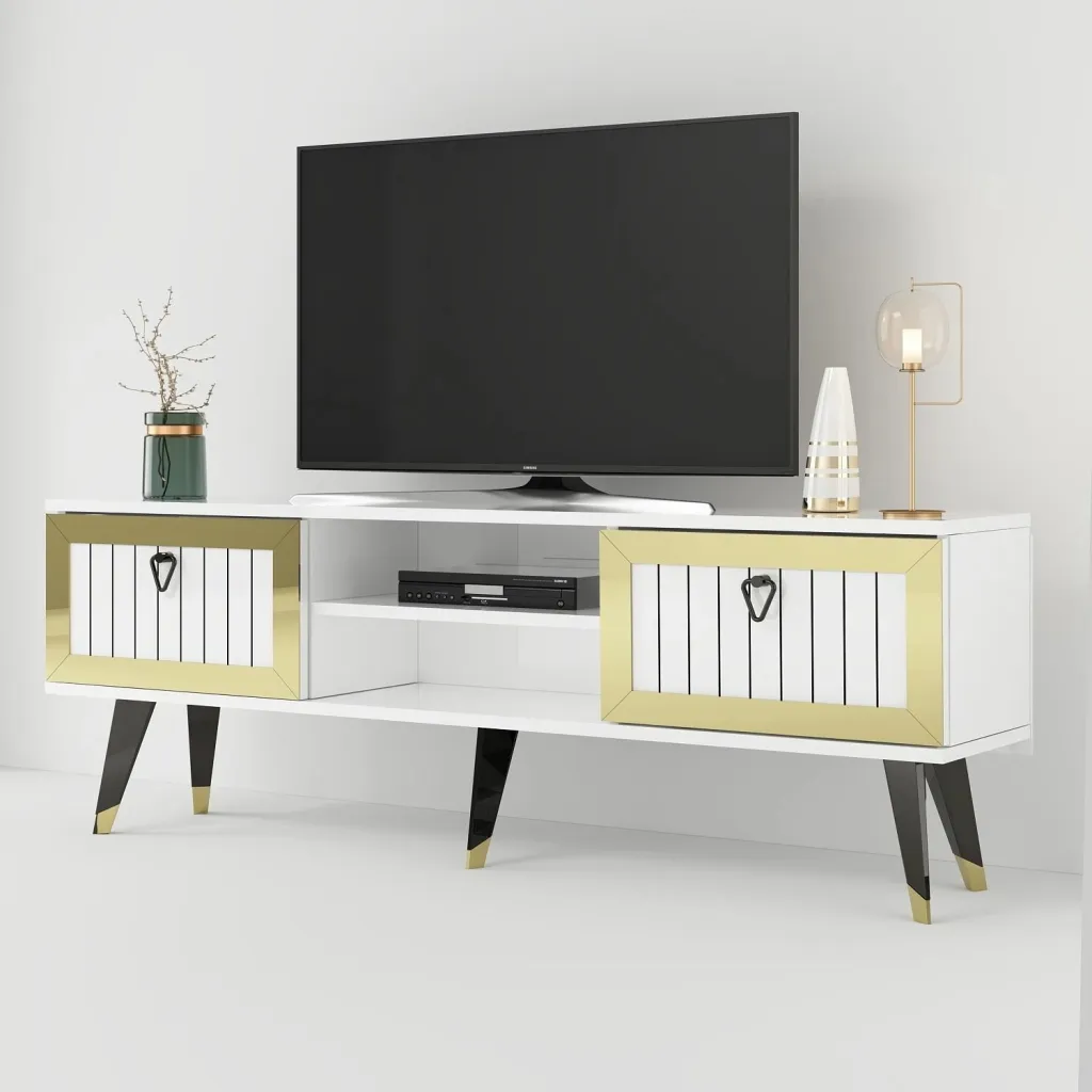 Komodë për TV Skye Decor, Lidya, e bardhë dhe ari - 5