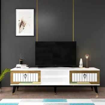 Komodë për TV Skye Decor, Lidya, e bardhë dhe ari