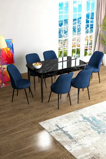 Tavolinë me karrige, zgjatshme, 7 copë, ngjyrë mermeri të zi dhe blu e errët, Skye Decor, Han