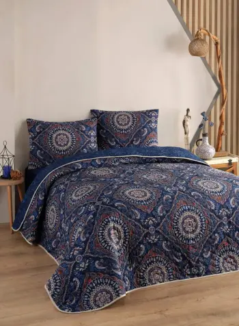 Set mbulesë krevati e qepur për krevat king, ngjyrë kaltër e errët, L'essentiel, Varak