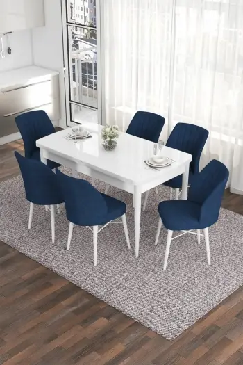 Tavolinë me karrige, e zgjatshme, 7 copë, Skye Decor, Eva, e bardhë, blu e errët
