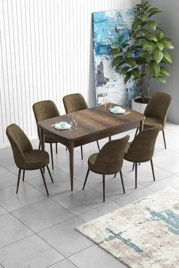 Tavolinë me karrige, zgjatshme, 7 copë, ngjyrë barok dhe kafe, Skye Decor Han