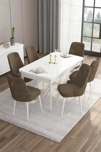 Set tavoline me karrige për ngrënie, zgjatës, Skye Decor, bardhë, kafe, 7 copë