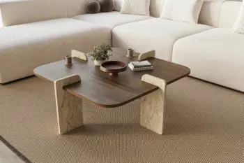 Tavolinë kafeje Skye Decor, Poalla, ngjyrë arrë dhe travertin