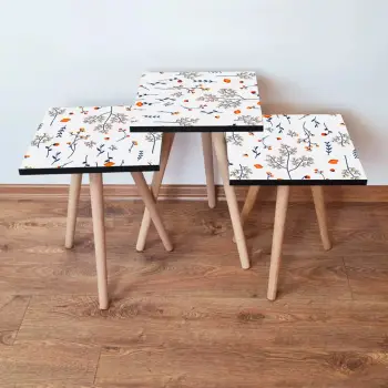 Set tavolinash ndihmëse, 3 copë, Skye Decor, 3Shp172, ngjyrë bardhë, blu e errët dhe portokalli