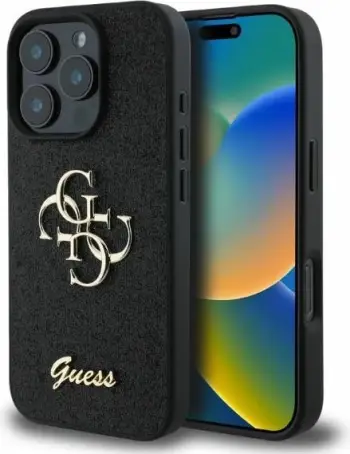 Mbështjellës Guess Fixed Glitter Big 4G për iPhone 16 Pro, i zi