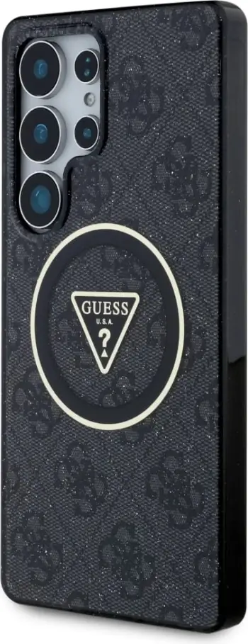 Mbështjellës Guess 4G Glitter Triangle Buttons MagSafe për Samsung Galaxy S25 Ultra, Zi