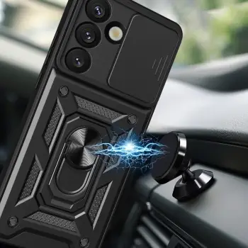 Mbështjellës Hurtel Hybrid Armor Camshield me stand dhe kapak kamere për Motorola Moto G05 4G / E15 4G, i zi