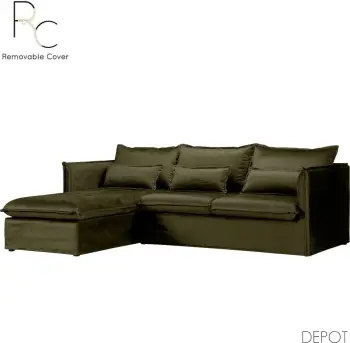 Këndollë me chaise longue majtas, kadife ngjyrë ulliri, 258x180x90 cm