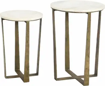Set tavolinash anësore BLANCHE, mermer i bardhë, metal ngjyrë bronzi antik, 2 copë, 39x39x55