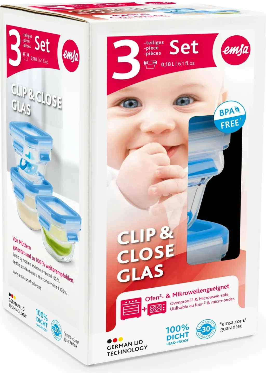 Set enësh qelqi Emsa N10507 Clip & Close 3 copë, transparent/kaltër - 5