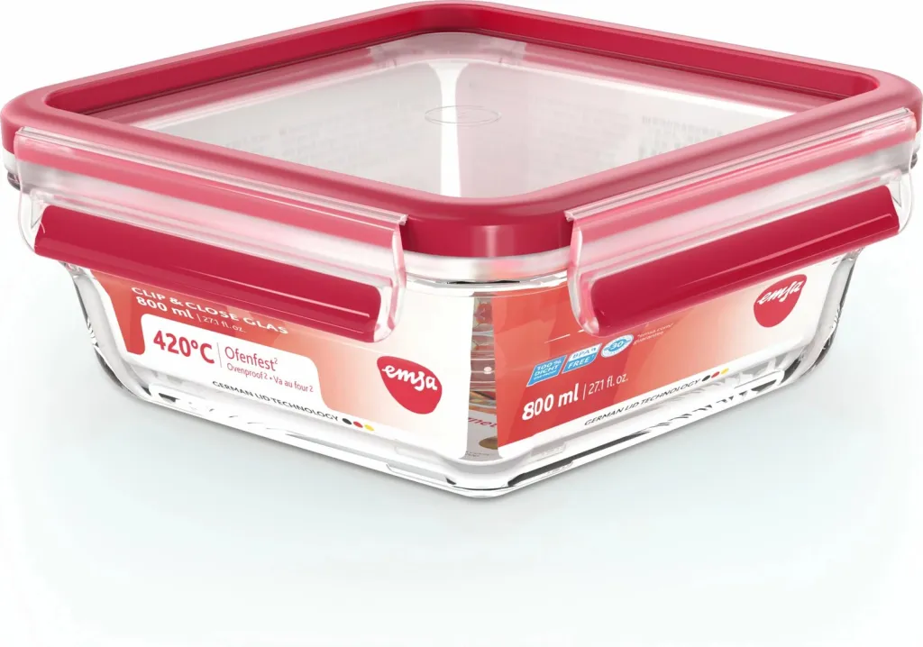 Enë xhami Emsa N10414 Clip & Close 0.8L katrore, transparent/kuqe - 3