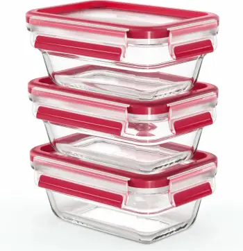 Set enësh qelqi Emsa N10511 Clip & Close 3 copë, transparent/kuq