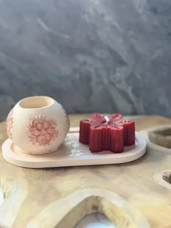 Set qirinjsh dekorativ prej betoni, 3 copë, ngjyrë e kuqe dhe e bardhë, Evila Originals
