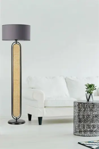Llambë dyshemeje Opviq, 8741-7, e zezë dhe gri, trup metalik, kapak ratan, 162 cm