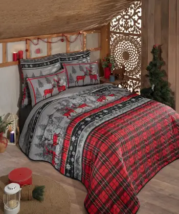 Set mbulesë krevati e qepur me jorgan, ngjyrë e kuqe, gri dhe e zezë, L'Essentiel Linge de Maison, motiv Krishtlindjesh