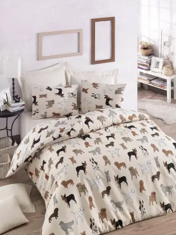 Set mbulesë për jorgan dopio, dizajn me qen, krem, L'Essentiel Linge de Maison