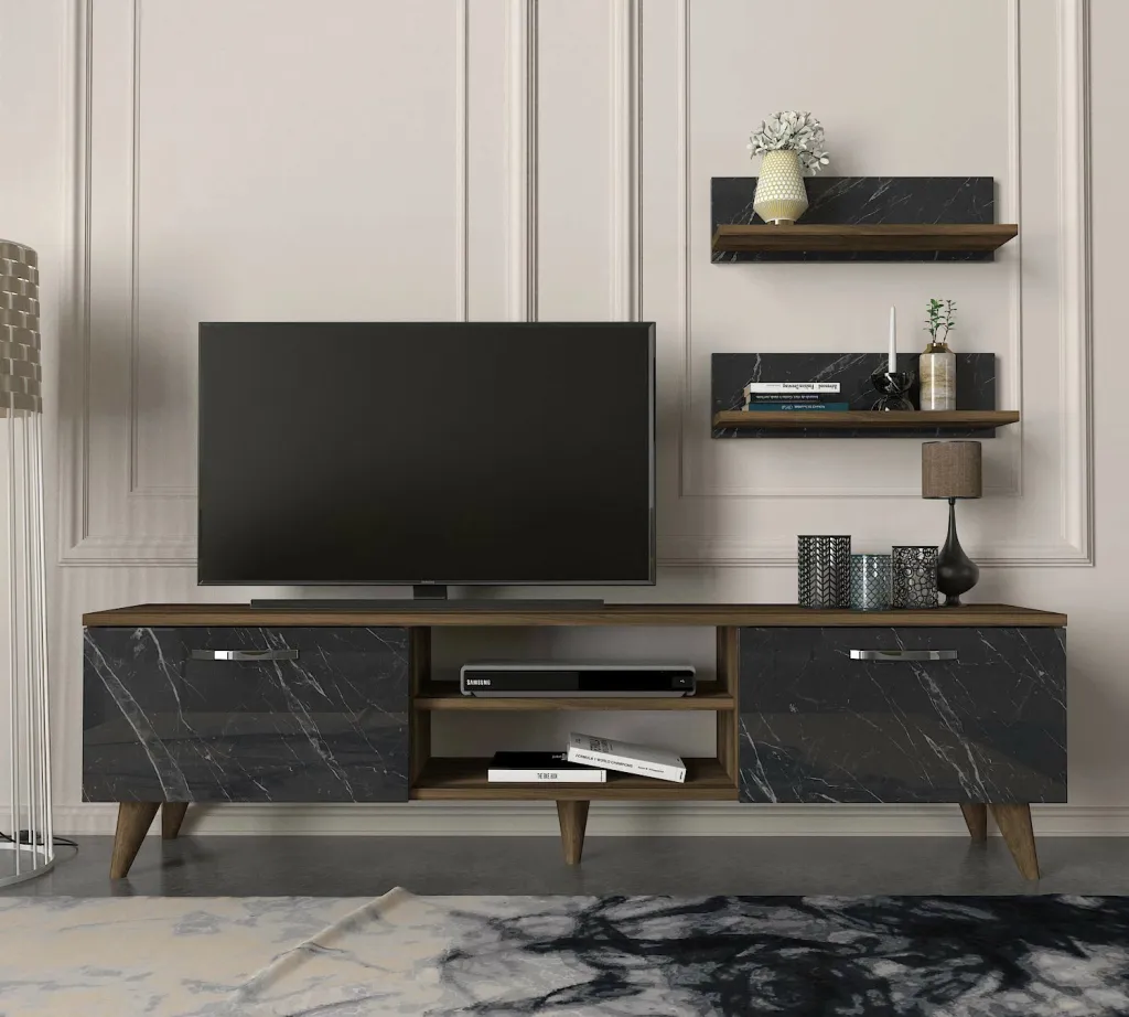 Njësi TV Skye Decor, Ayden, ngjyrë arre dhe mermeri - 2