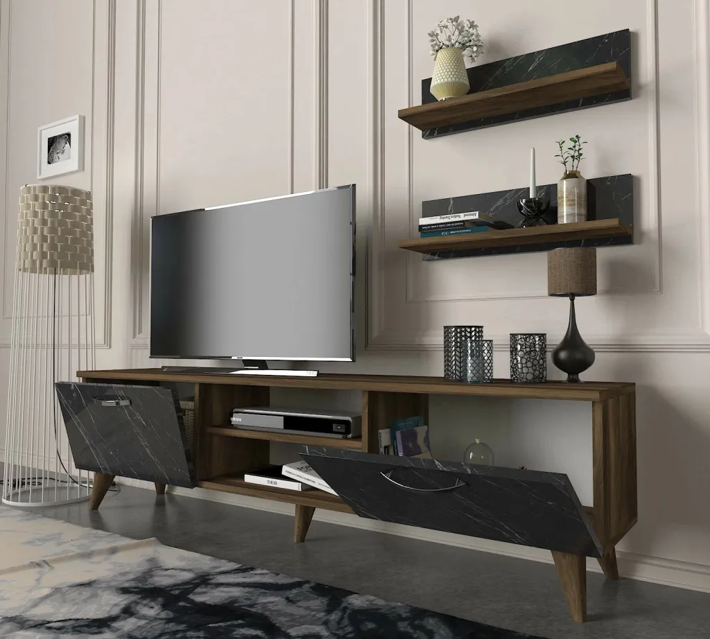 Njësi TV Skye Decor, Ayden, ngjyrë arre dhe mermeri - 3