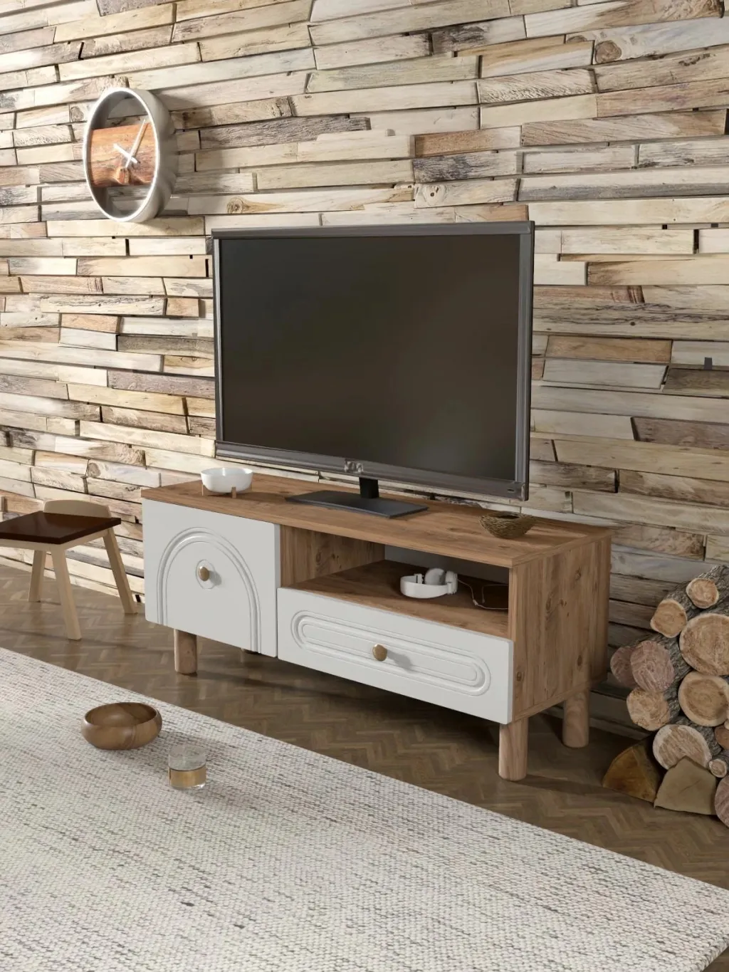 Komodë TV, Skye Decor, Serenta 105, ngjyrë Atlantic Pine dhe e bardhë - 1